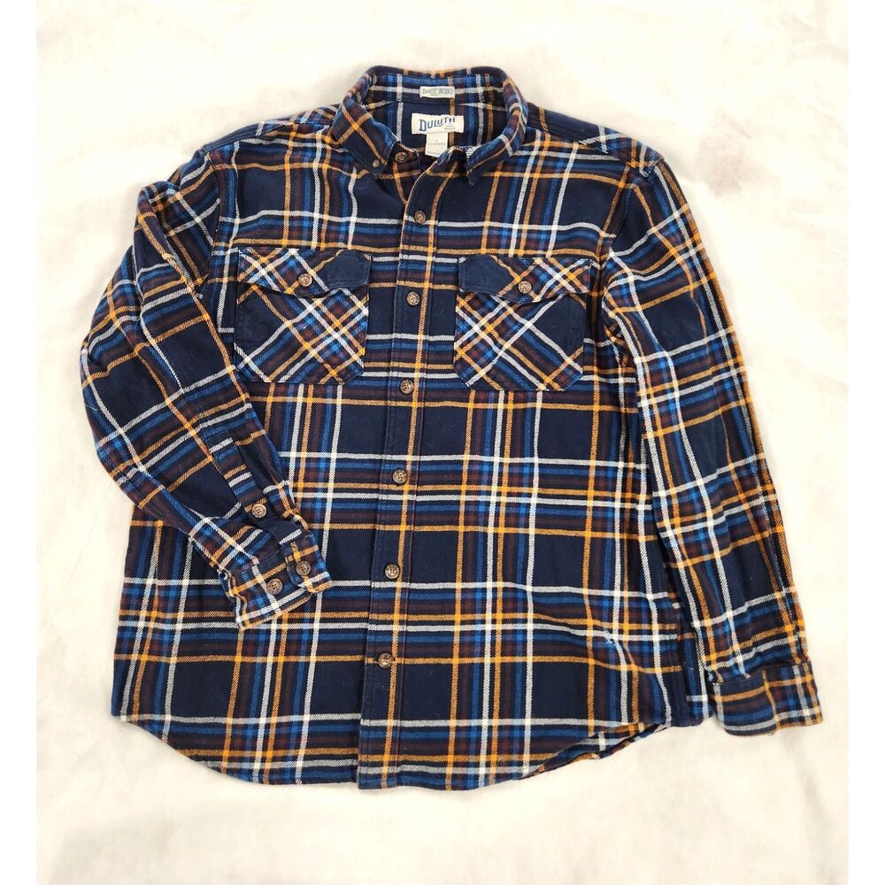 Duluth Trading Burlyweight Flannel Shirt Mens L Blue Orange Plaid Relaxed Fit